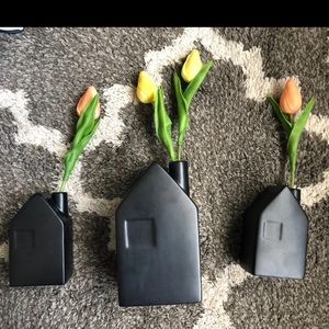 3 House Vases  And 4 Faux Tulips